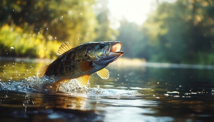 Fototapeta premium Bass being reeled in from a serene lake, water rippling, and lush natural surroundings