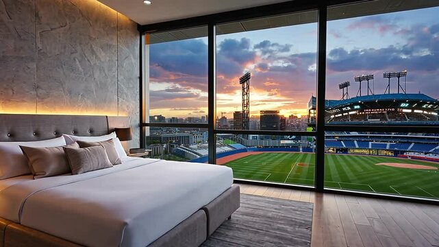 Modern hotel bedroom with a stunning view of a baseball stadium at sunset