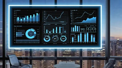 Modern office with a large digital dashboard displaying analytics and graphs, city skyline visible - Powered by Adobe