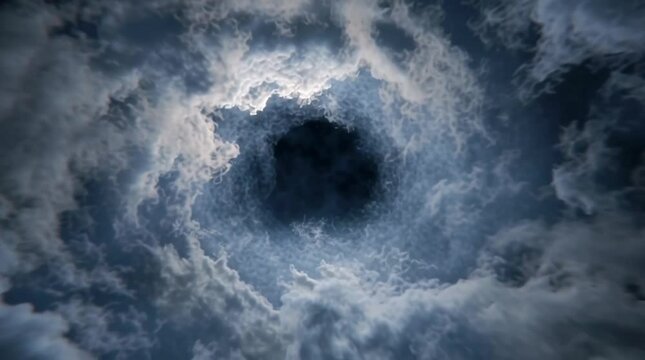 Dark swirling clouds forming a vortex in a stormy sky