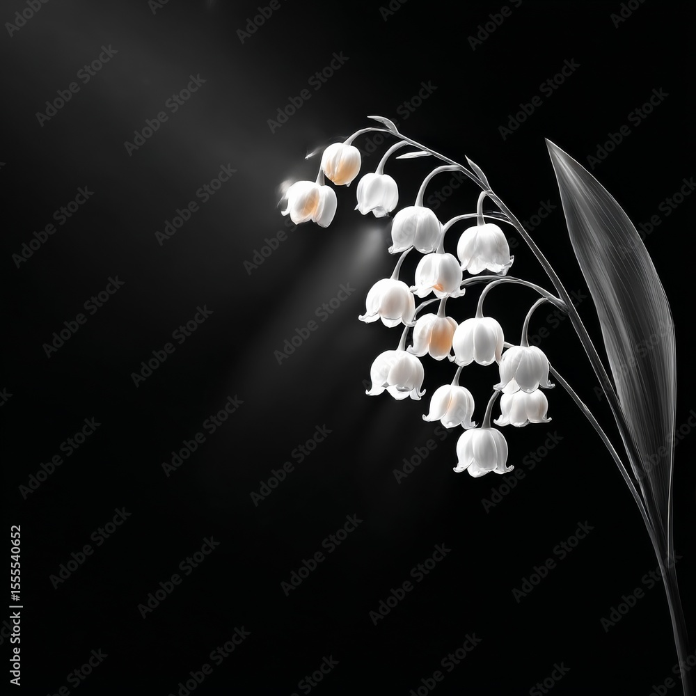 Poster Elegant Monochrome Lily of the Valley Displayed Against a Dark Backdrop, Illuminated by Subtle Light.