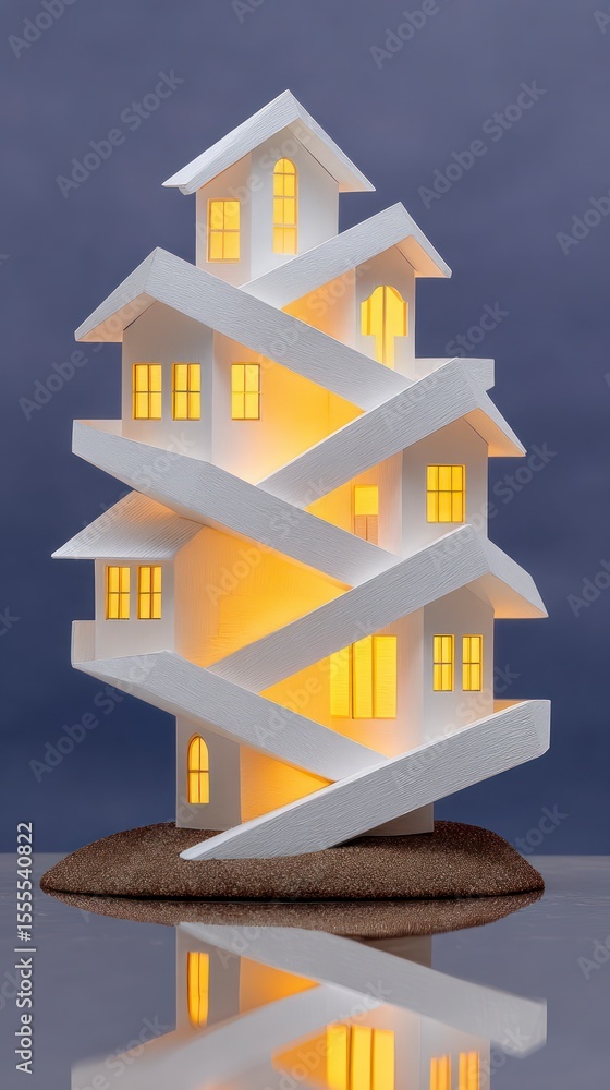 Poster illuminated model of a modern multi level house on a small island multilevel