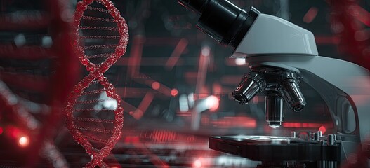 A DNA strand displayed next to a microscope in a futuristic lab