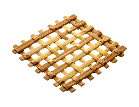 A woven bamboo square-shaped mat, with the edges of each corner and edge wrapped in wooden strips to form an open grid pattern, isolated on a transparent background