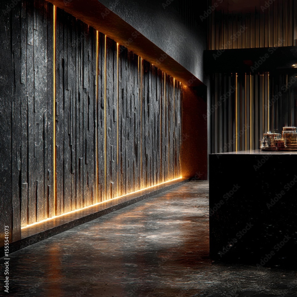 Poster illuminated stone: a dark hallway featuring textured walls and warm lighting accents, creating a mod