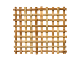 A woven bamboo square-shaped mat, with the edges of each corner and edge wrapped in wooden strips to form an open grid pattern, isolated on a transparent background
