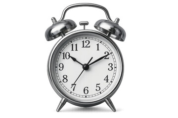 Silver vintage alarm clock showing digital time, transparent backdrop highlighting minimalist timekeeping design