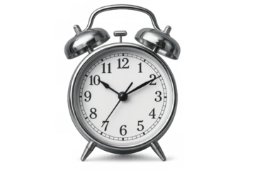 Silver vintage alarm clock showing digital time, transparent backdrop highlighting minimalist timekeeping design