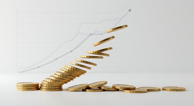 This image brilliantly captures the emotional connection to financial progress, as a rising line graph symbolizes a positive market trend despite a stack of coins that appears unstable, reflecting a n