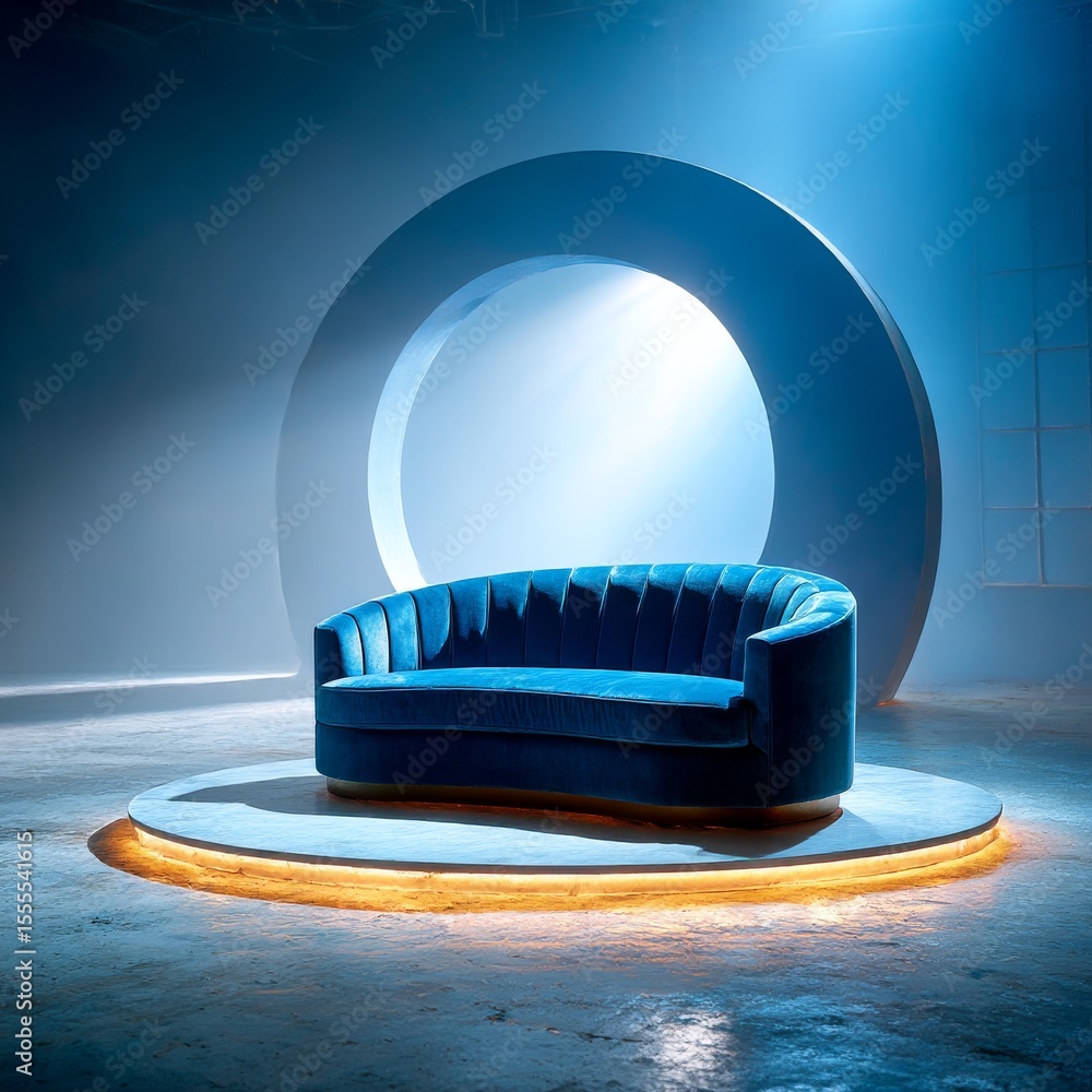 Poster serene blue velvet sofa on lit circular platform in a modern abstract setting, bathed in soft light 