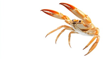 An orange crab, claws raised, isolated on white.  Its body is pale, legs splayed