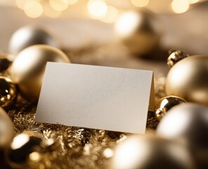 Blank card surrounded by gold and silver Christmas ornaments