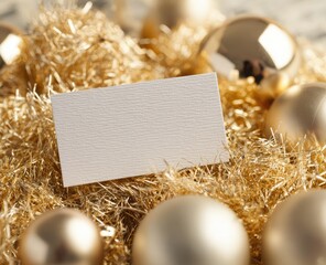 Blank business card nestled in golden Christmas decorations