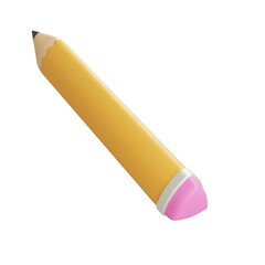 A 3D illustration of a yellow pencil with a pink eraser, perfect for educational and creative projects related to writing, drawing, and studying.