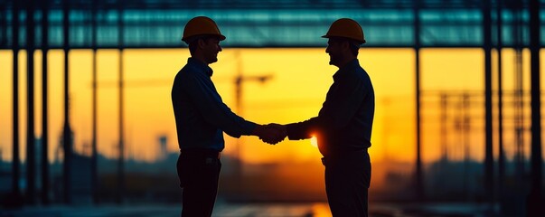 Construction worker and contractor shaking hands with a client on-site, confirming their renovation project agreement., Generative AI