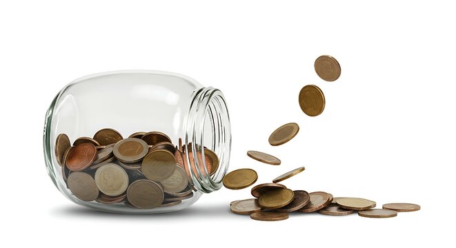 A glass jar is filled with a cascade of international coins, symbolizing the creative concept of savings, investment, and financial growth in a studio shot with a clean, minimalist background