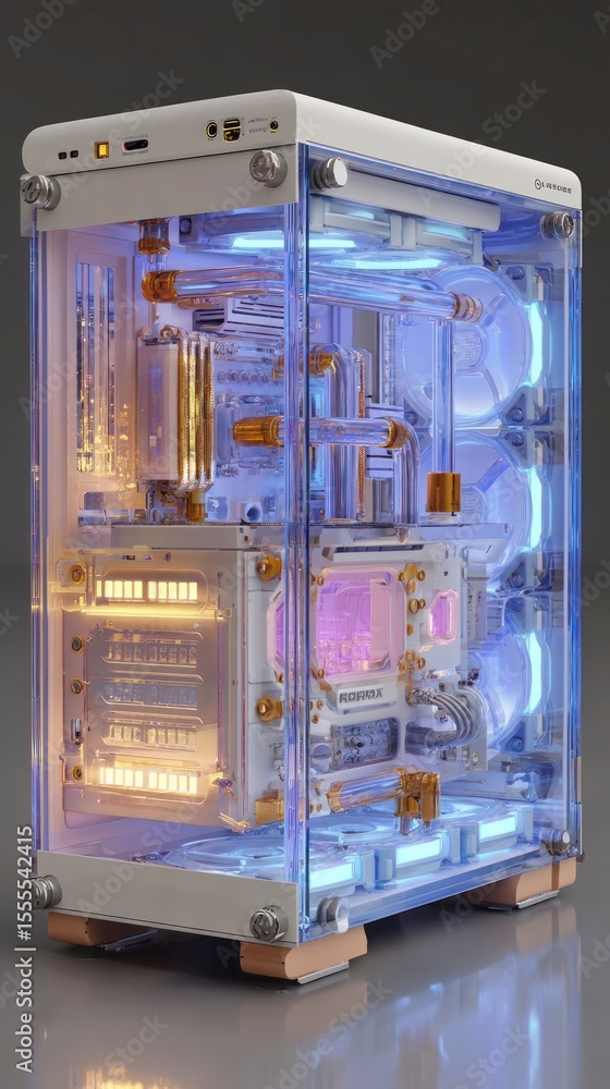 Poster transparent pc case with illuminated internal components and custom water cooling system