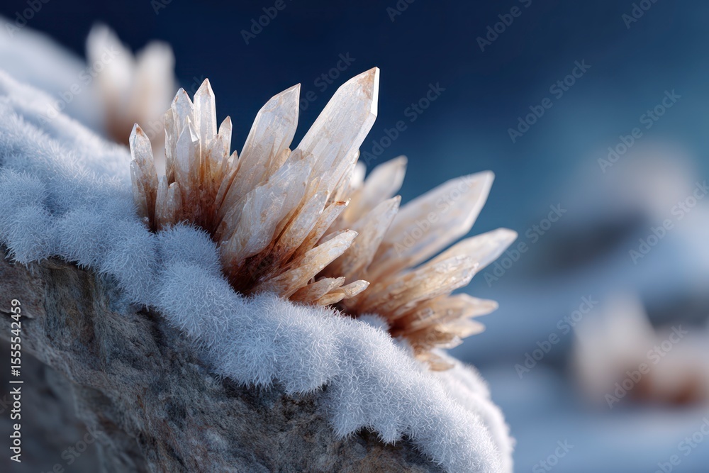 Aufkleber cluster of translucent crystals on a frosty rock surface close up view showing detail and texture