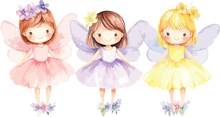 Watercolor Illustration of Three Cute Fairy Girls in Pastel Dresses and Wings
