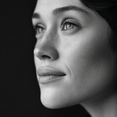Close up monochrome portrait of a woman's face showcasing her skin texture and features