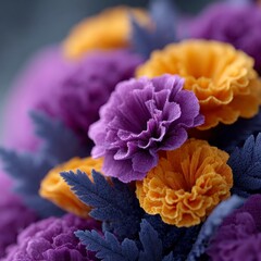Close up of purple and orange marigold flowers bouquet closeup floral bloom