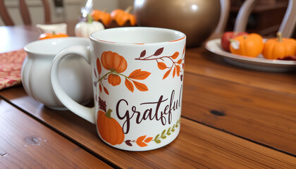 Thanksgiving-themed mug with harvest elements like pumpkins, autumn leaves, on a rustic dining table