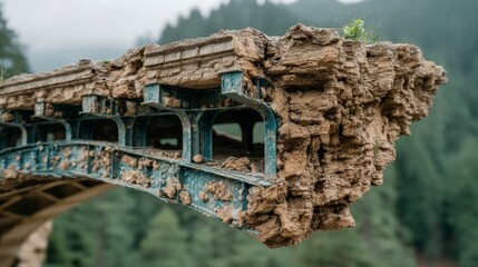 Fototapeta premium Damaged concrete bridge section weathered steel structure close up view blurred forest background