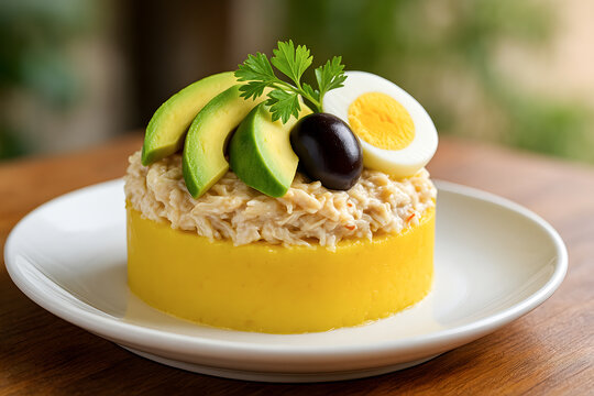Causa Lime&ntilde;a peruana con palta y pollo. Traditional layered potato dish from Lima, Peru