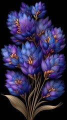 Purple and Blue Floral Bouquet Intricate Detailed Illustration of Flowers on Black Background