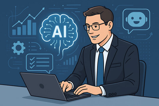 AI boosting work efficiency, showcasing a smiling businessman utilizing artificial intelligence with a brain-like AI symbol and data analytics