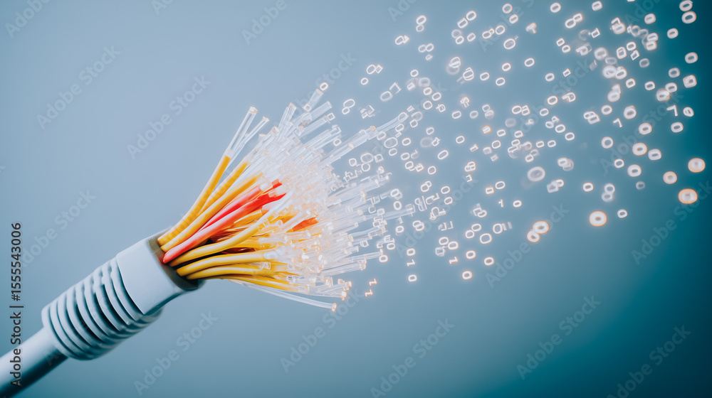 Aufkleber digital connection: a high-tech image showcasing a network cable with optic fiber strands, represent