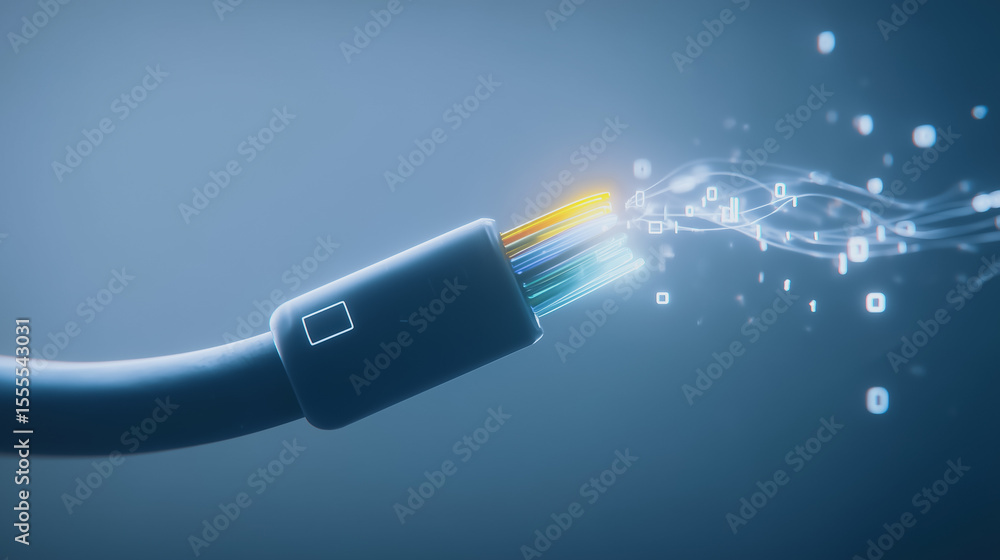Poster digital connection: a detailed shot captures a network cable transmitting data, symbolizing the flow