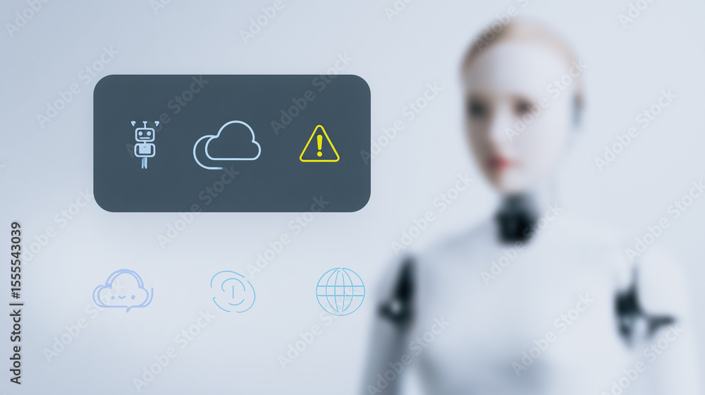 Poster artificial intelligence and data alert: a futuristic image depicts an android figure interacting wit