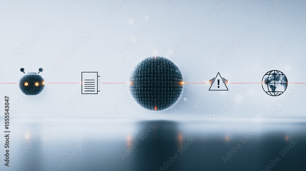 Poster connected technology: abstract design with glowing red lines connecting a robot, file, sphere, warni