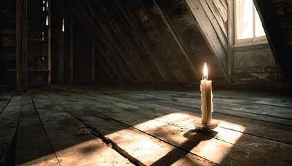 Attic room lit by a single candle