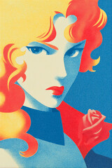 Bold retro-style portrait of a woman with curly hair and rose, vibrant pop art colors — generative AI