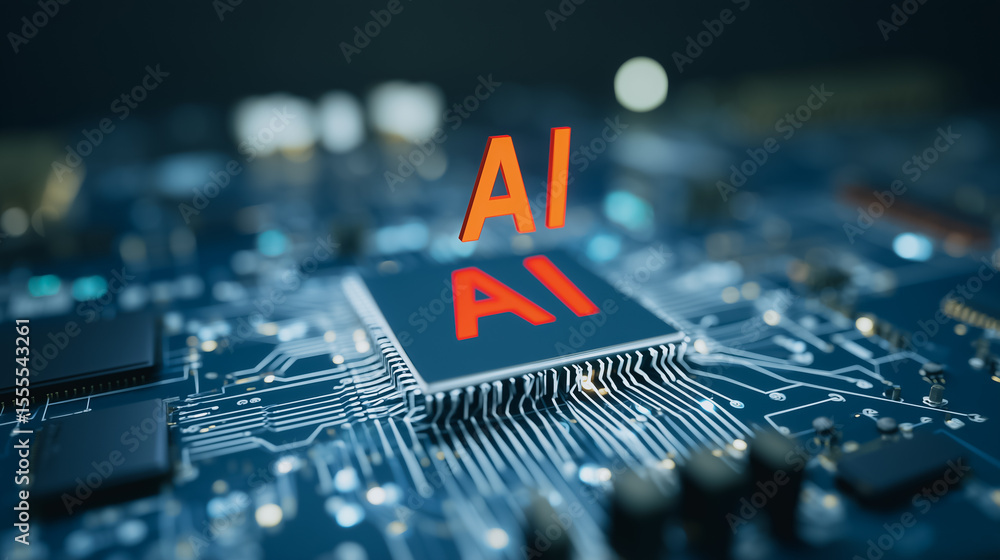 Poster ai core processor: a dynamic, eye-level shot spotlights a gleaming ai label, boldly imprinted on a c