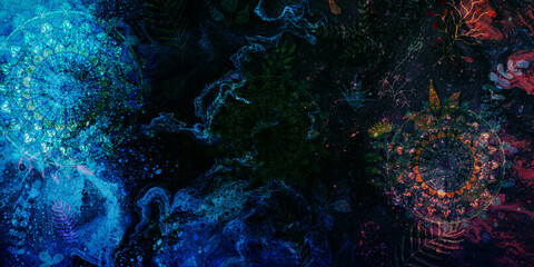 Mystical Mandala Background – Intricate Bohemian Art for Meditation, Tattoo, and Decor, colorful vintage art, ancient Indian vedic background design, old painting texture with  mathematical shapes