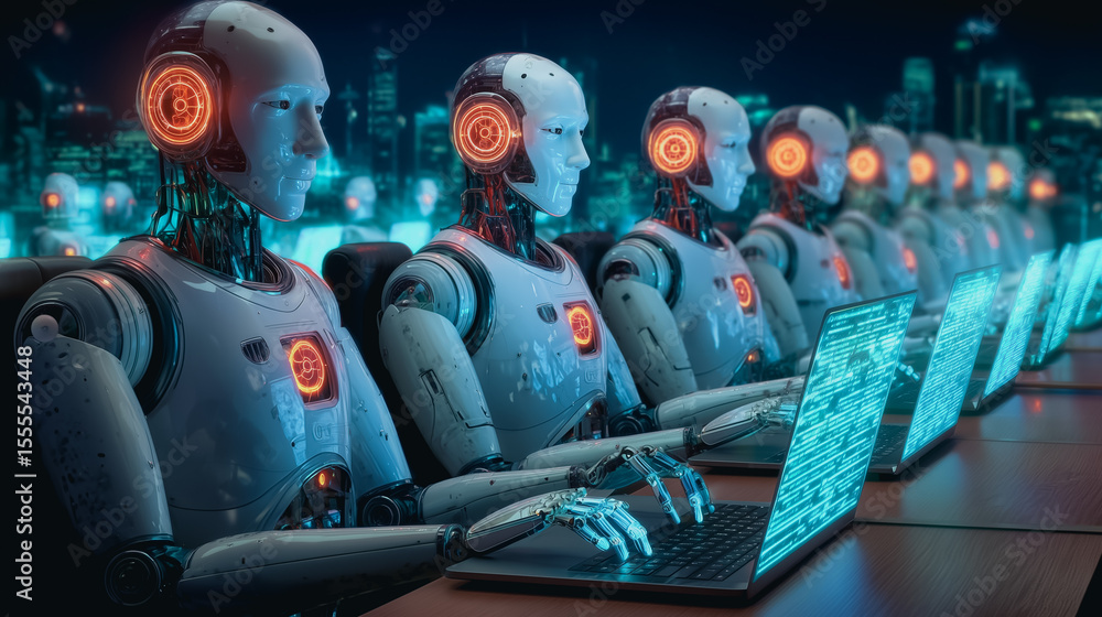 Poster digital sentinels: an array of futuristic robots, their faces alight with intricate patterns, dilige