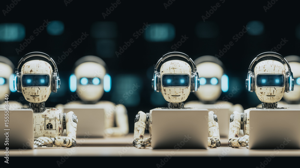 Poster robots at work: a team of advanced robots, equipped with headsets, diligently work on laptops in a f