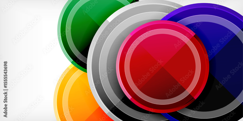 Poster Colorful overlapping circles create dynamic abstract design. Bright hues contrast against dark background. Modern, vibrant composition.