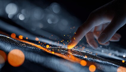 A hand interacts with a shimmering, digital surface