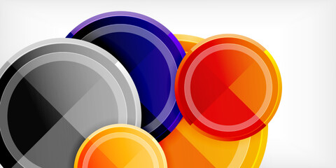 Shiny circular badges overlap. Colors include silver, purple, orange, red. Design suggests achievement, rewards, competition.