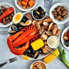 Seafood Extravaganza: An overhead shot of a delightful seafood platter, overflowing with succulent lobster, mussels, clams, corn on the cob, and more, a feast for the eyes and the palate.