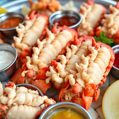 Delectable Lobster Feast: A culinary composition showcasing succulent, cooked lobster tails artfully arranged with an array of vibrant dipping sauces.