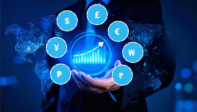Digital holographic chart showing the company's development and growth goals and businessman hand gestures