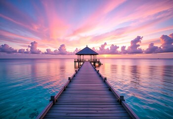 Fototapeta premium A tranquil wooden pier leads to a pavilion over serene water during a colorful sunset. The sky displays hues of pink, orange, and purple, creating a soothing atmosphere perfect for relaxation.