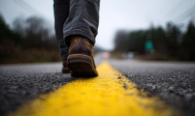 Person walking down a road, focused on the feet