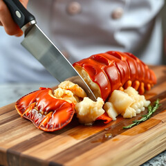 Exquisite Lobster Preparation: A chef meticulously slices a cooked lobster tail, revealing its succulent flesh, artfully displayed on a wooden cutting board.