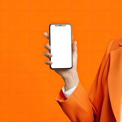 A hand holding a smartphone against an orange background
